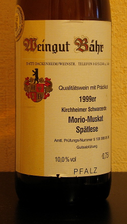 1999er Kirchheimer Schwarzerde Morio Muskat Spätlese, Weingut Bähr